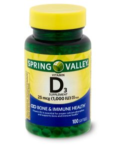 Spring Valley Vitamin D3 Softgels, 25mcg, 1,000 IU, 100 Count,