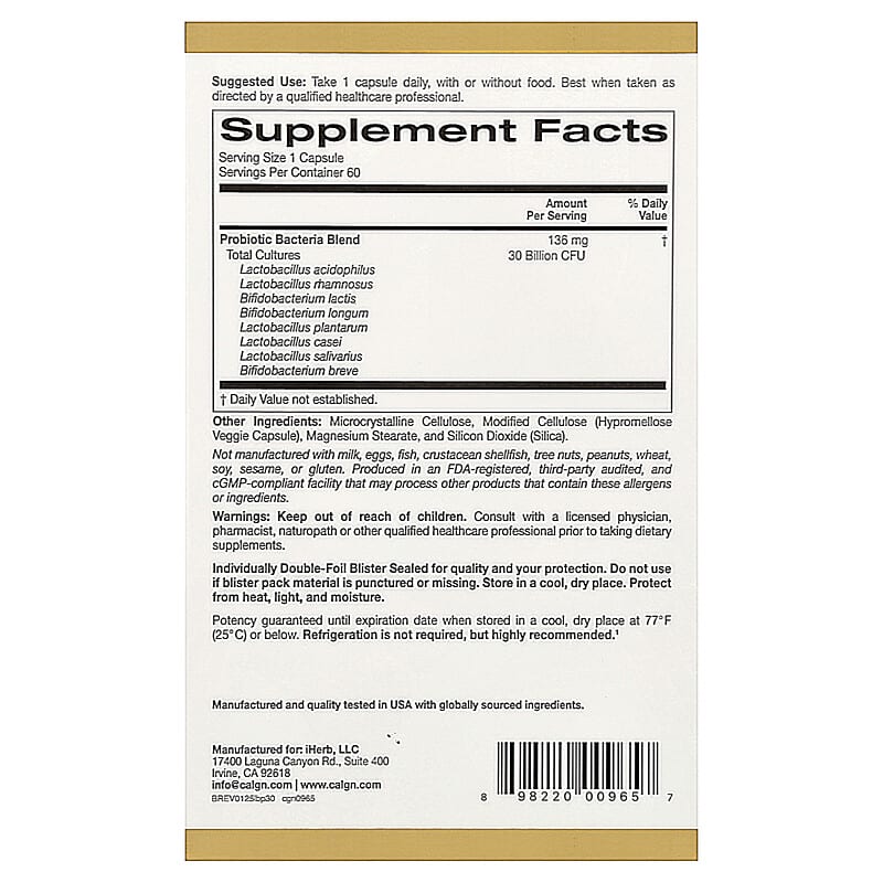 Alternative view of California Gold Nutrition, LactoBif® 30 Probiotics, 30 Billion CFU, 60 Veggie Capsules