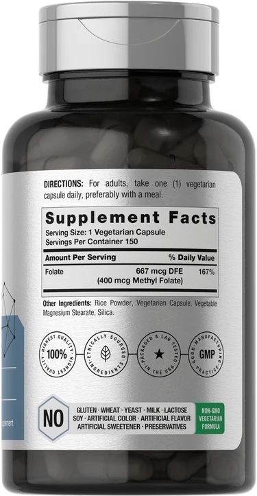 Horbäach Vegan Methyl Folate 400mcg (150 Vegetarian Capsules) - Active B9 Supplement - Image 2