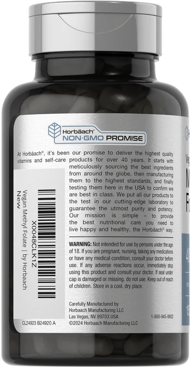 Horbäach Vegan Methyl Folate 400mcg (150 Vegetarian Capsules) - Active B9 Supplement - Image 3