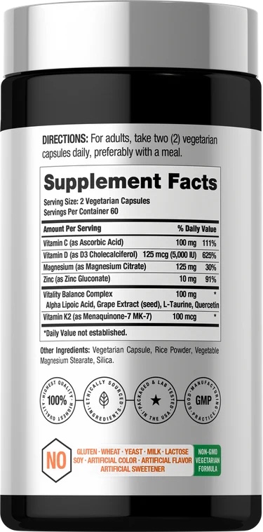 Horbäach Vitamin D3 K2 with Magnesium, Zinc & Quercetin - 120 Vegetarian Capsules